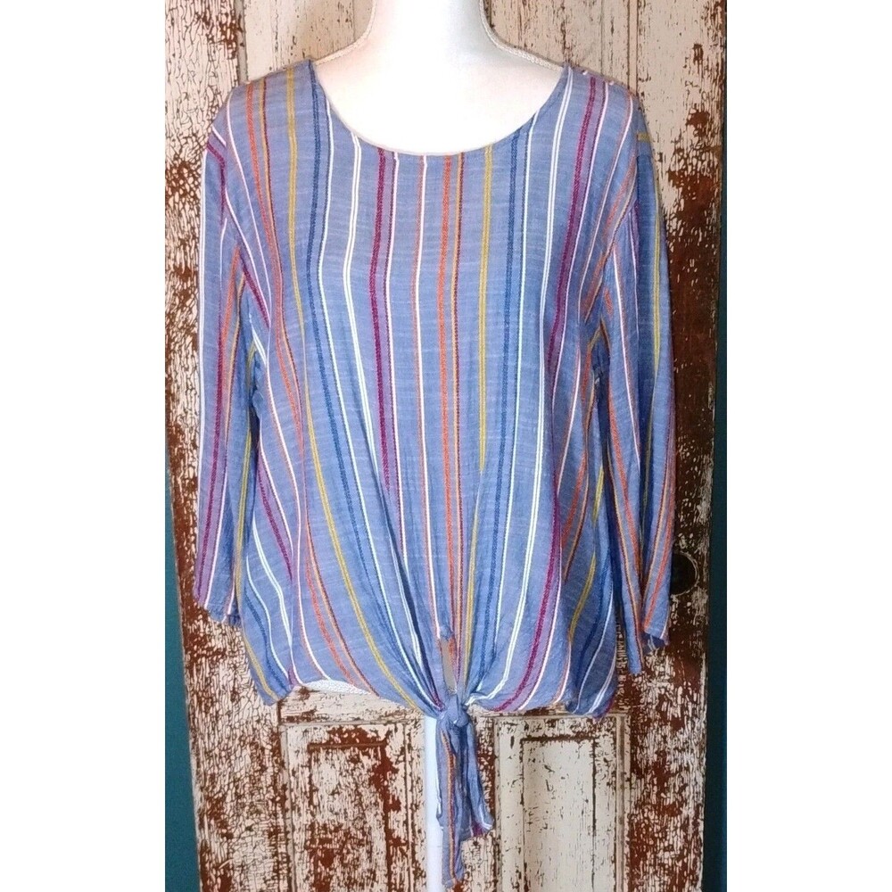 Vintage 80s Womens XL Blue/Multicolor Striped Tie Front 3/4 Sleeve Rayon Blouse